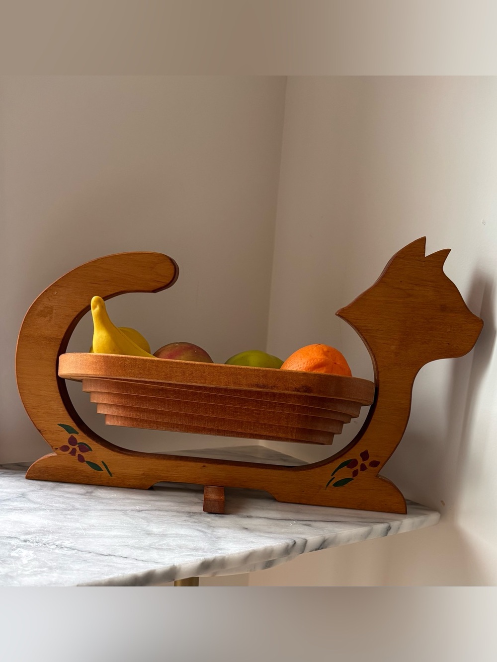 Robert Wittman Collapsible Wood Basket Cat Shape hand painted Floral Design